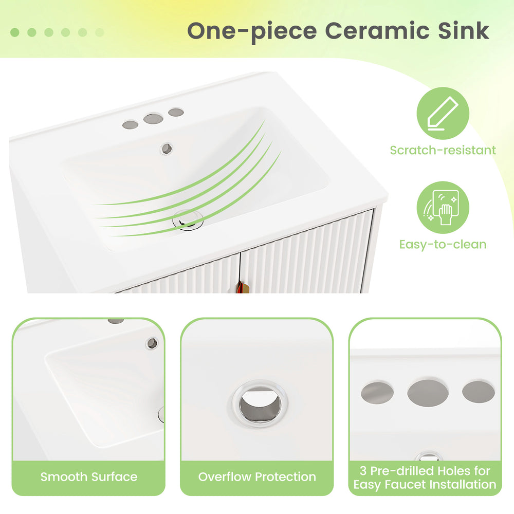 One-piece ceramic sink with smooth surface and overflow protection for the 24-inch bathroom vanity combo.
