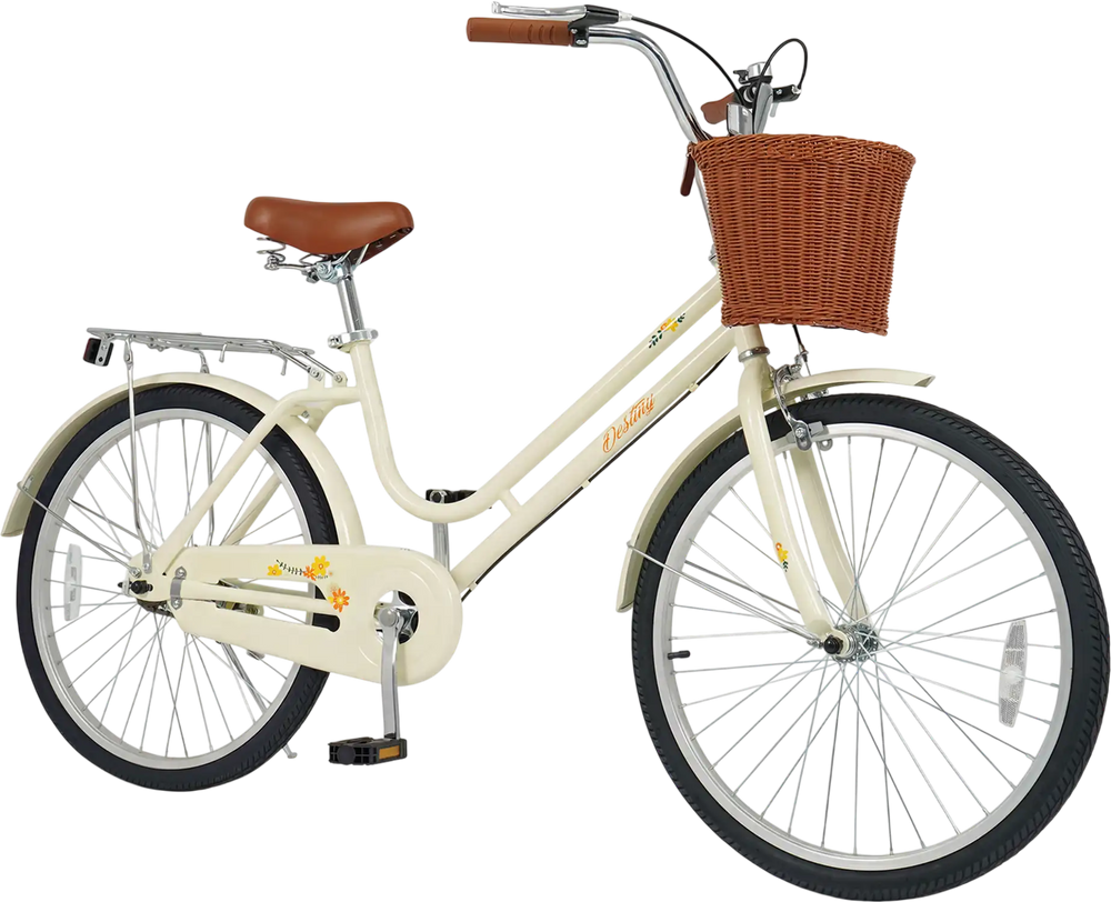 24-inch beige beach cruiser bike for women with woven basket, rear rack, and ergonomic seat for comfortable riding.