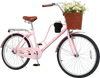 24-inch pink beach cruiser bike featuring a woven basket, cup holder, and adjustable seat for comfortable riding.