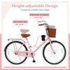 24-inch pink beach cruiser bike featuring adjustable seat and handlebar, woven basket, and cup holder for convenience.