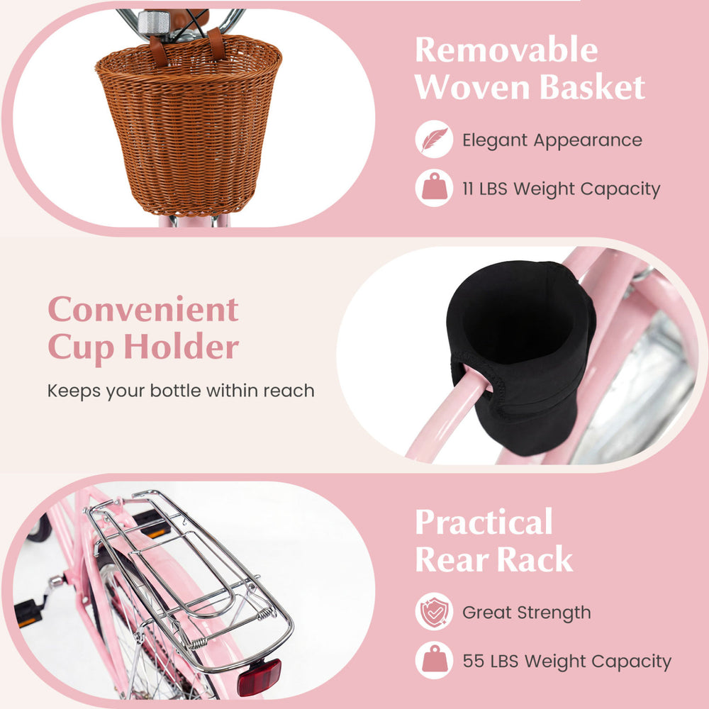 Removable woven basket in elegant pink with 11 lbs capacity, perfect for storage on the 24-inch beach cruiser bike.