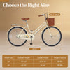 24-inch beach cruiser bike for women in beige, featuring a woven basket, rear rack, and ergonomic seat for comfortable.