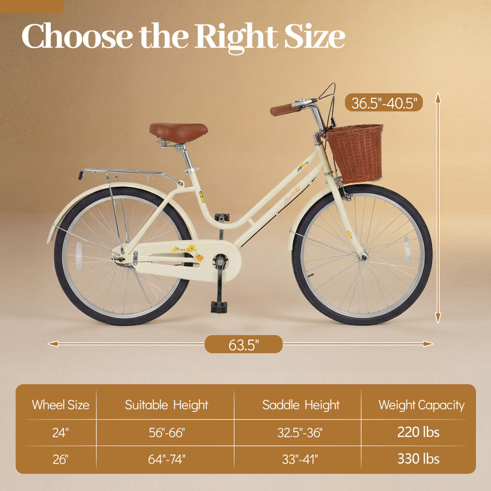 24-inch beach cruiser bike for women in beige, featuring a woven basket, rear rack, and ergonomic seat for comfortable.