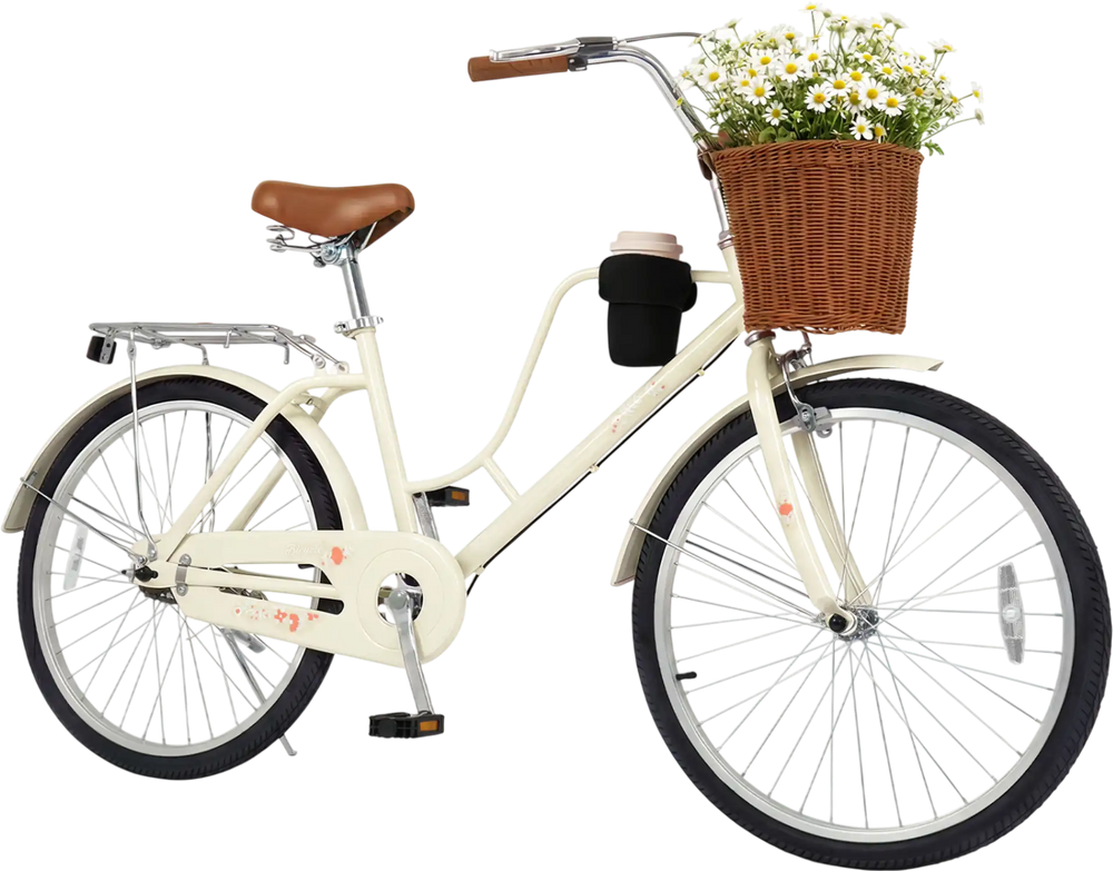 24-inch beige beach cruiser bike featuring a woven basket, cup holder, and adjustable seat for comfortable riding.
