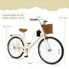24-inch beige beach cruiser bike featuring a woven basket, adjustable seat, cup holder, and ergonomic design for comfort.