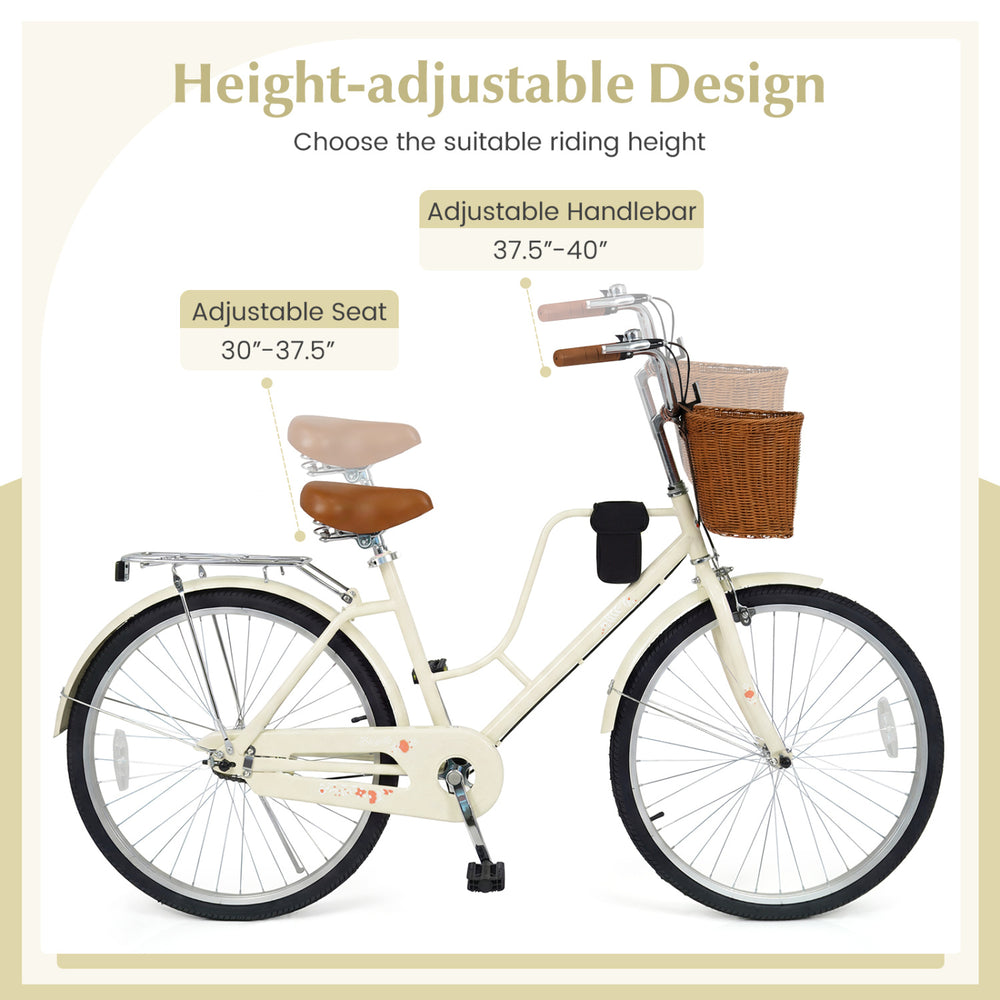 24-inch beige beach cruiser bike featuring adjustable seat and handlebar, woven basket, and cup holder for convenience.