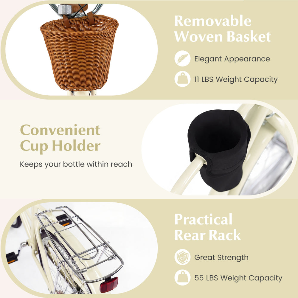 Woven basket with elegant appearance and 11 lbs capacity, ideal for storage on the 24-inch beach cruiser bike.