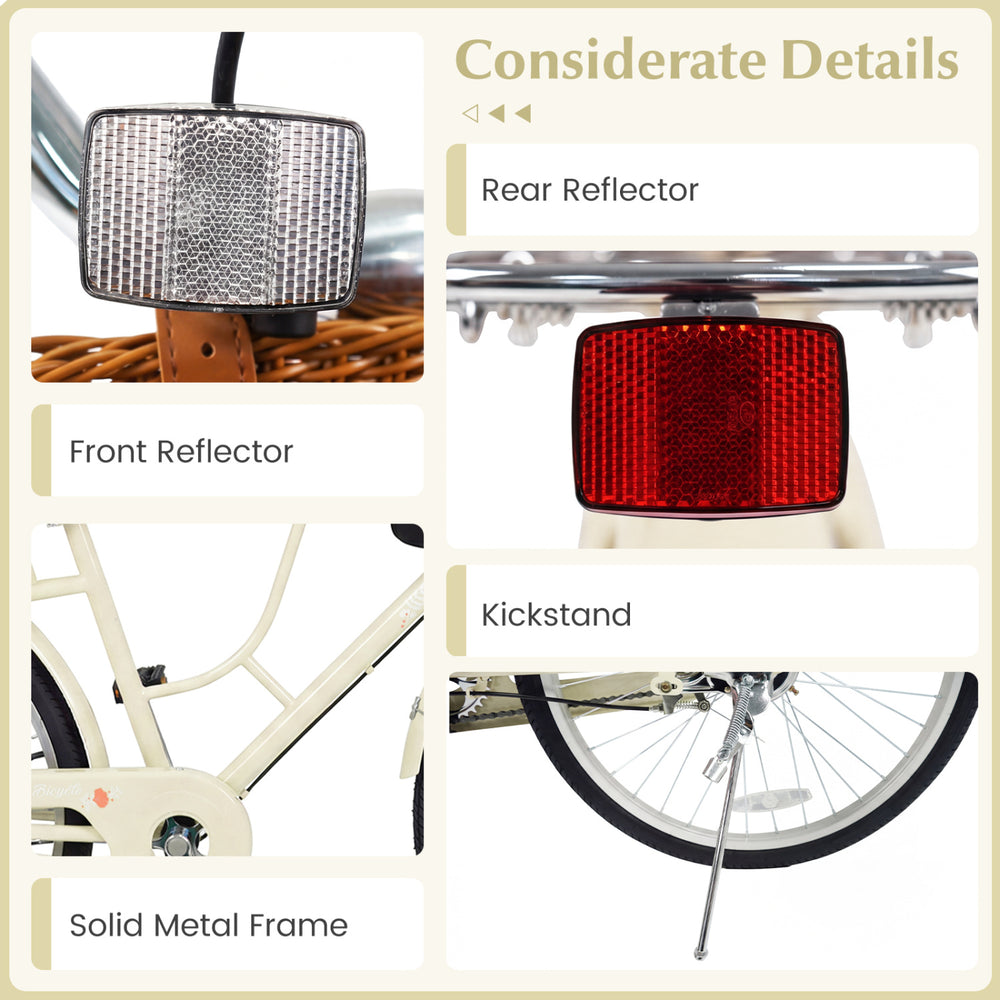 Front reflector, rear reflector, and kickstand on the 24-inch beige beach cruiser bike for enhanced safety and convenience.