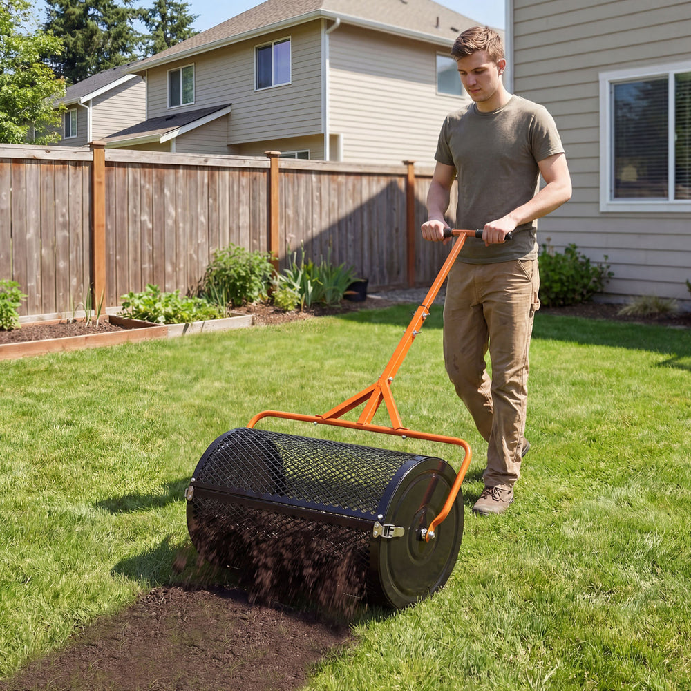 24 Inch Compost Spreader Peat Moss Spreader Roller with Height-Adjustable T-Shaped Handle-Orange - Gallery View 1 of 10