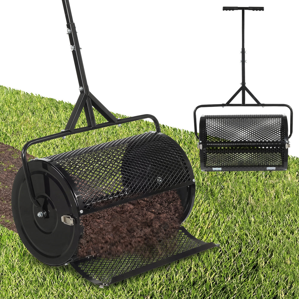 24-inch compost spreader with adjustable T-handle, designed for efficient topdressing of lawns and gardens.
