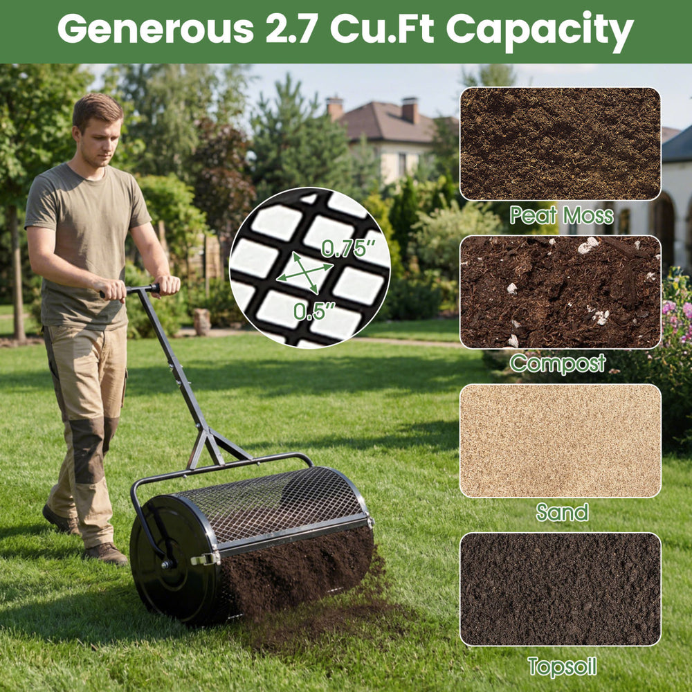 24-inch compost spreader with adjustable T-handle, showcasing peat moss and compost for efficient lawn topdressing.
