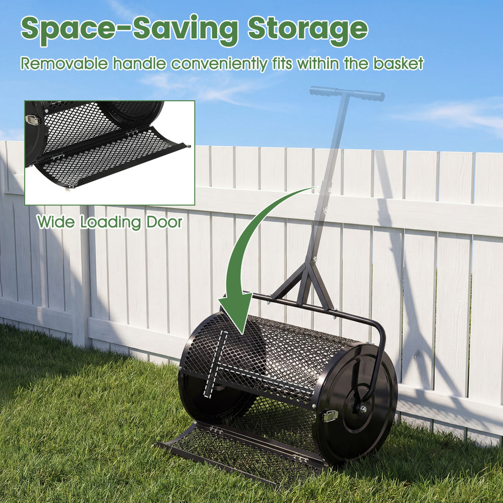 24-inch compost spreader with wide loading door and adjustable T-shaped handle for easy filling and efficient lawn care.