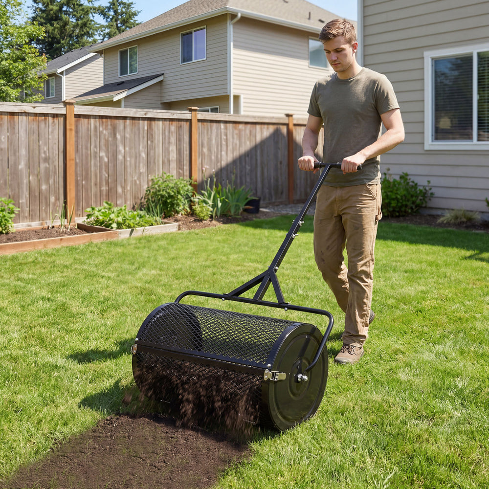 24-inch compost spreader with height-adjustable T-shaped handle, perfect for efficient lawn and garden topdressing.