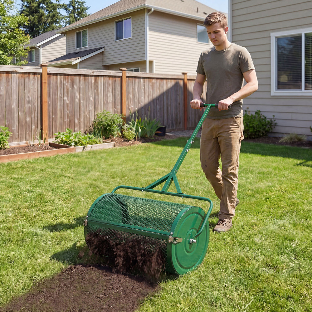 24 Inch Compost Spreader Peat Moss Spreader Roller with Height-Adjustable T-Shaped Handle-Green - Gallery View 1 of 10