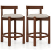 Set of 2 24-inch counter height bar stools with backrests, featuring beige linen seats and solid rubber wood frames.