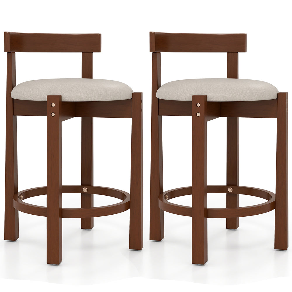 Set of 2 24-inch counter height bar stools with backrests, featuring beige linen seats and solid rubber wood frames.