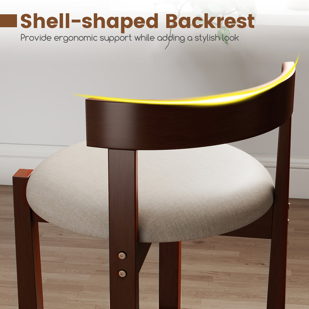 Shell-shaped backrest of a 24-inch counter height bar stool in beige, providing ergonomic support and style for kitchen.