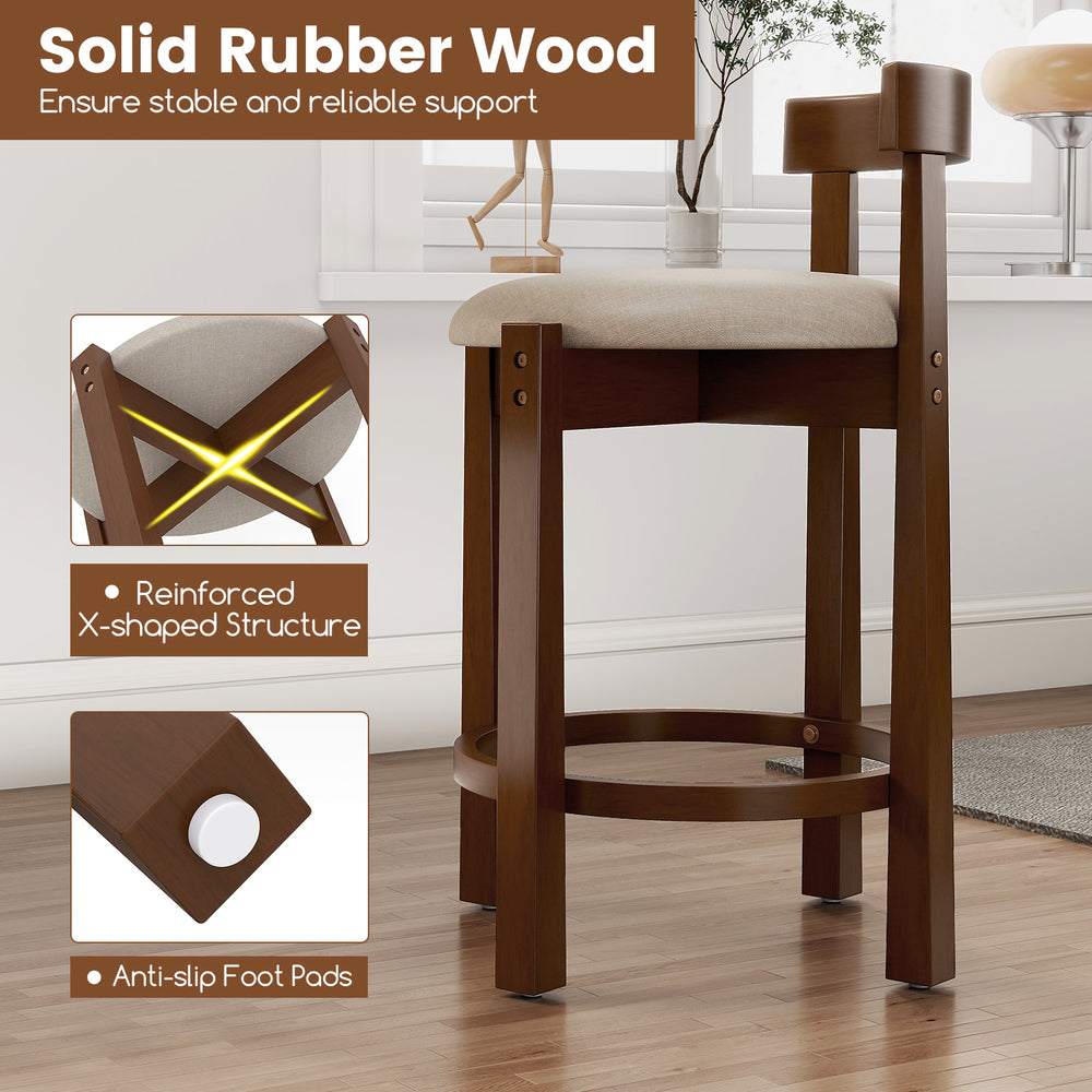 Counter height bar stool with backrest in beige, featuring solid rubber wood and anti-slip foot pads for stability.