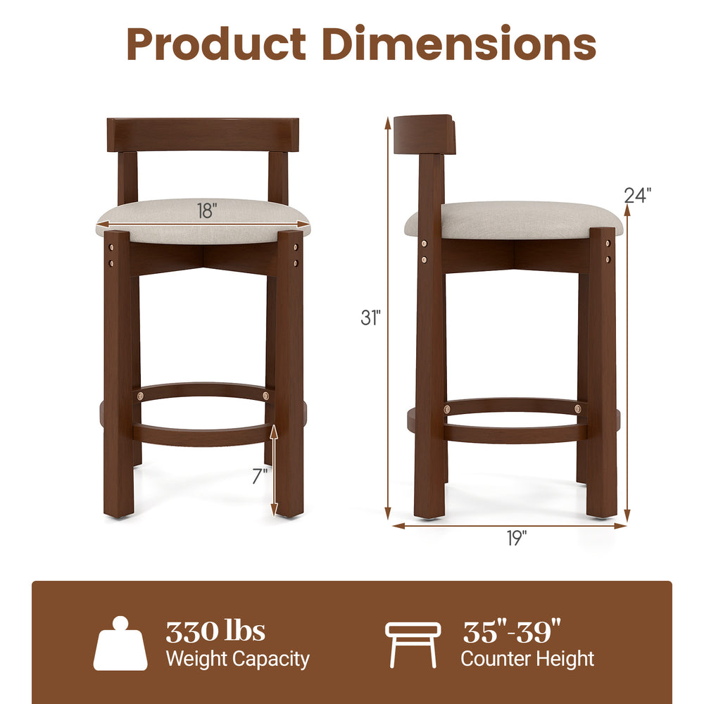 Counter height bar stools set of 2 with beige linen fabric, solid rubber wood, and ergonomic backrests for kitchen use.