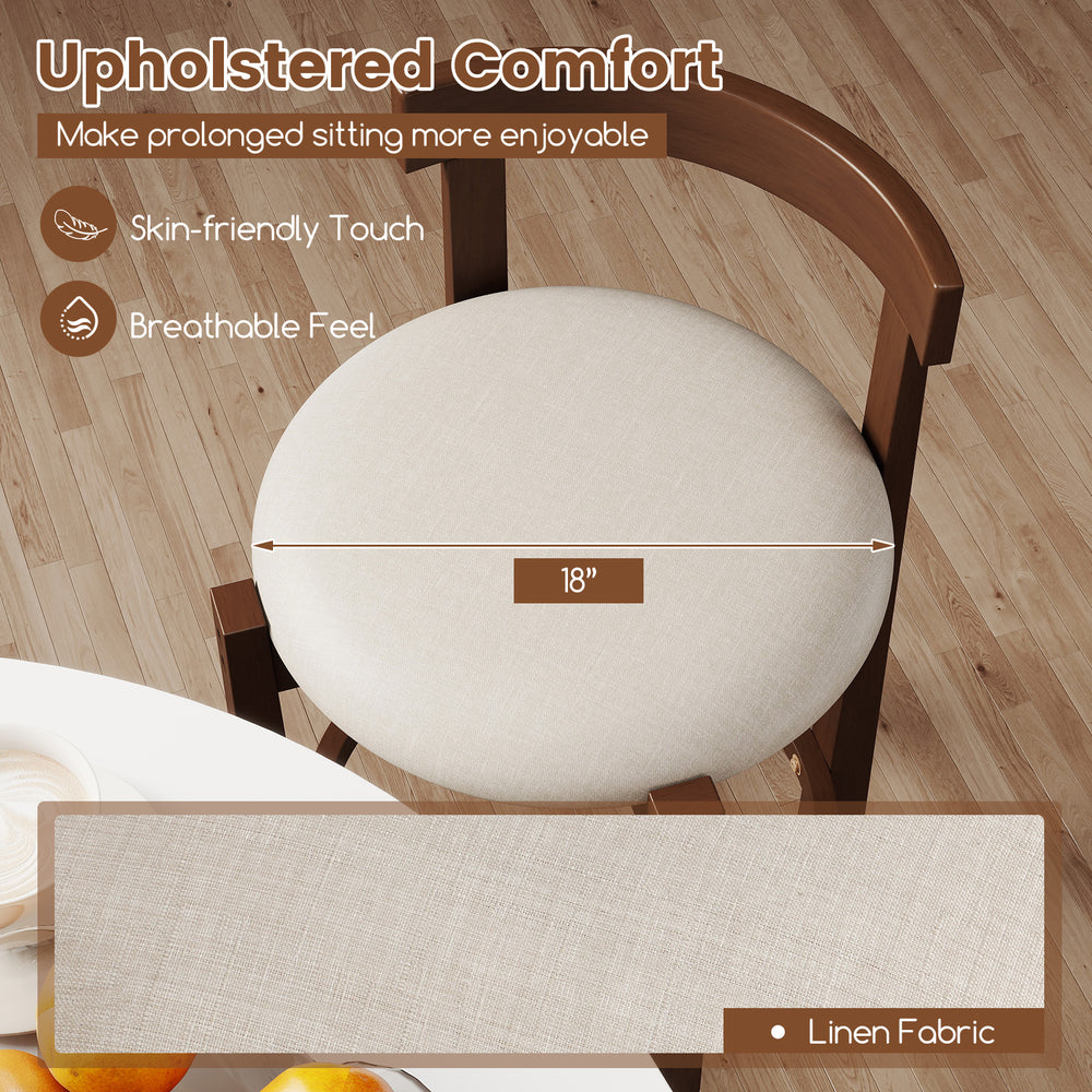 Beige 24-inch counter height bar stool with backrest, featuring an 18-inch round linen seat for kitchen or pub use.