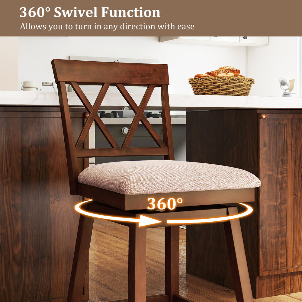 24-inch counter height barstool with a 360° swivel function and upholstered seat cushion for kitchen or dining room use.