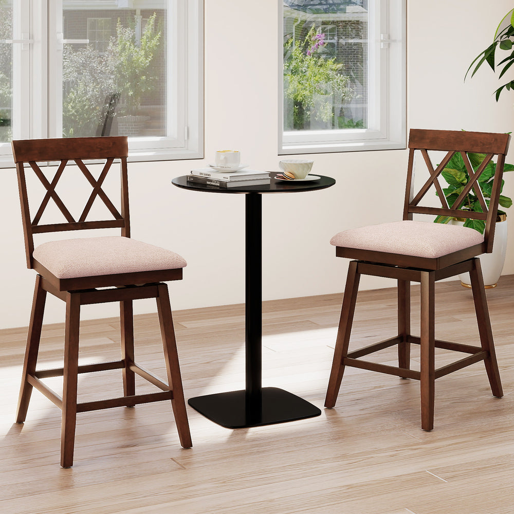Counter height barstools with backrest and upholstered seat cushions in oak, perfect for kitchen or dining room use.