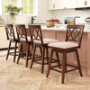 Set of four 24-inch oak counter height barstools with backrest and upholstered seat cushions for kitchen dining.
