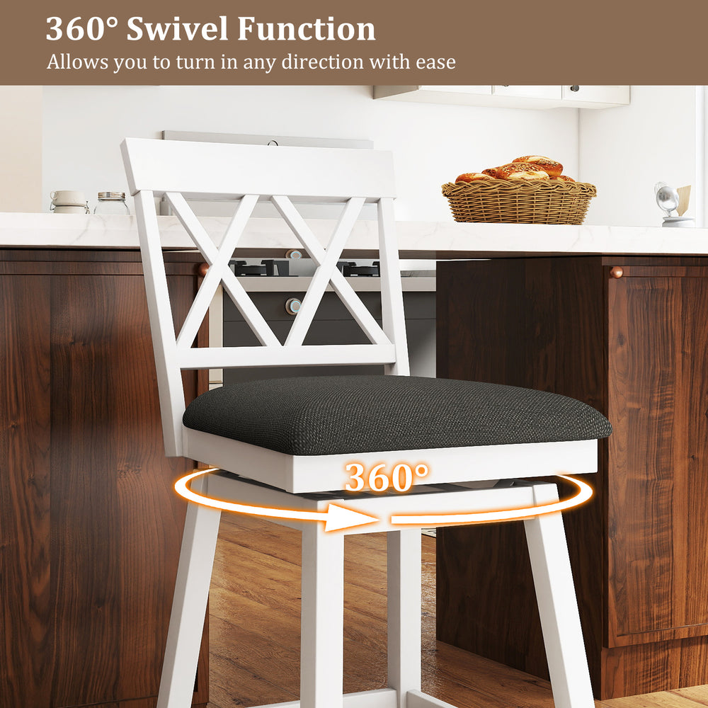 24-inch white counter height barstool with 360° swivel function and upholstered seat cushion for kitchen or dining room.