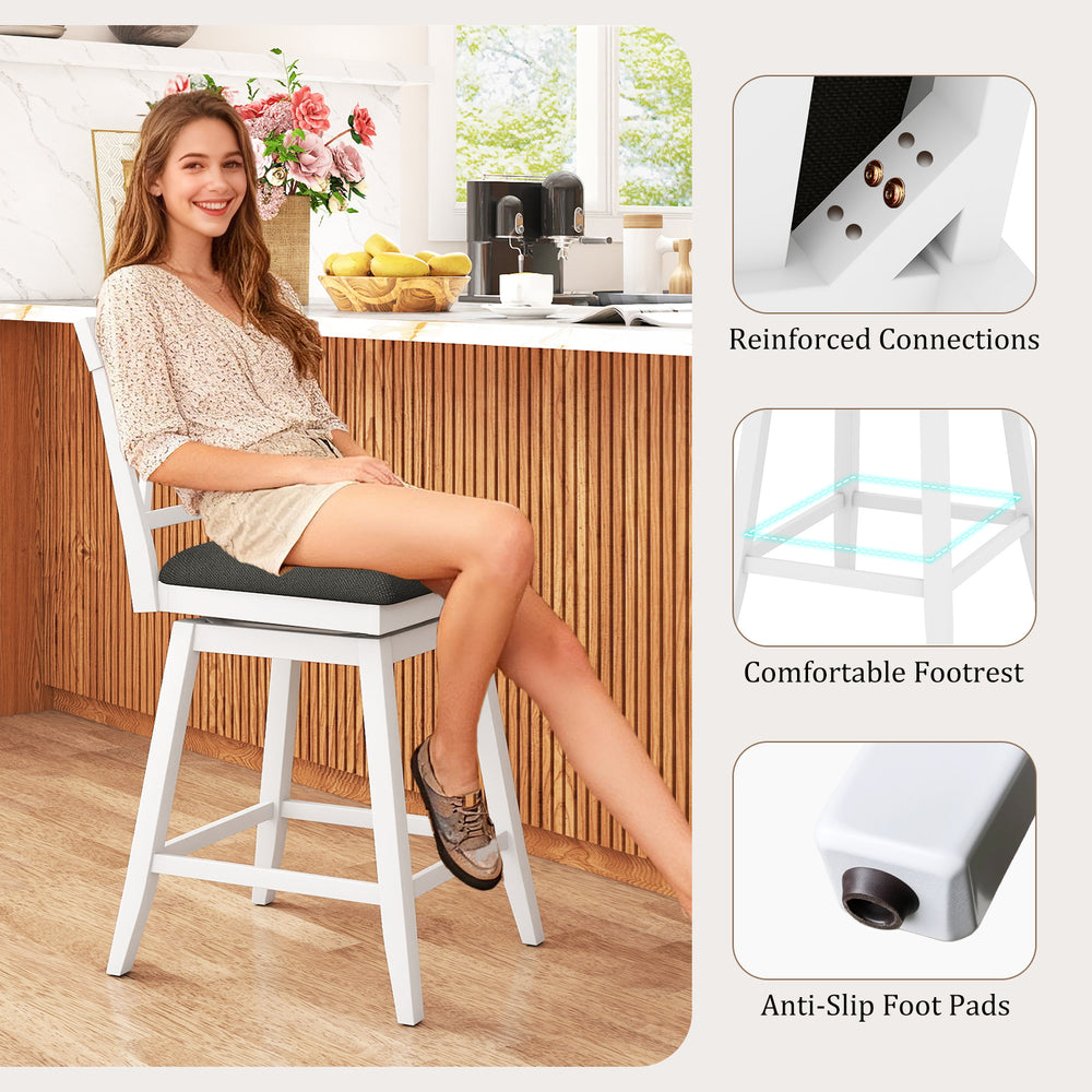 24-inch white counter height barstool with backrest and upholstered seat cushion, ideal for kitchen and dining areas.