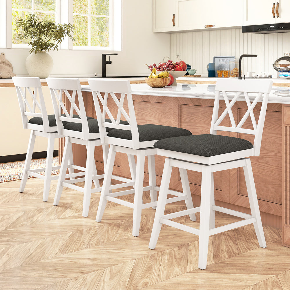 Set of four 24-inch white counter height barstools with upholstered seat cushions, ideal for kitchen or dining room use.