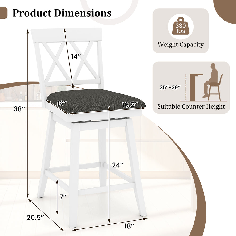 Dimension chart for 24-inch white counter height barstool with backrest and upholstered seat cushion for kitchen use.