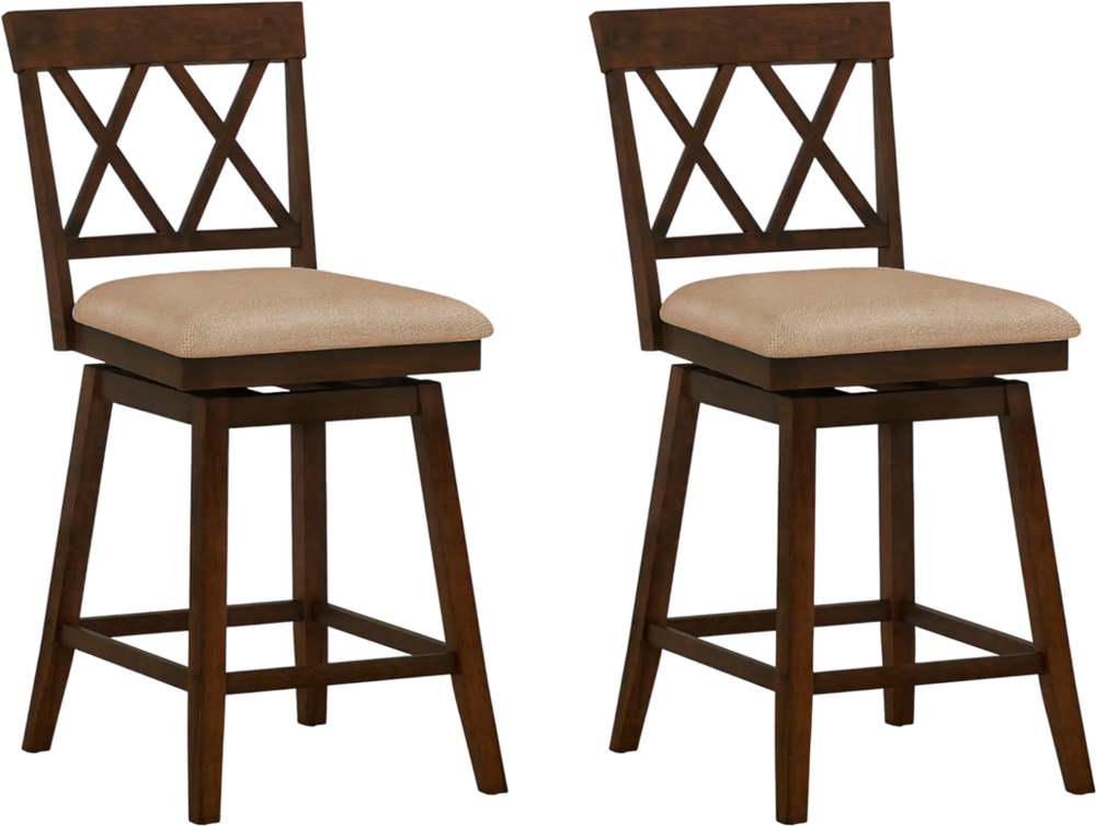 Set of 2 counter height barstools with backrest and seat cushion, featuring a rubber wood frame and ergonomic design.