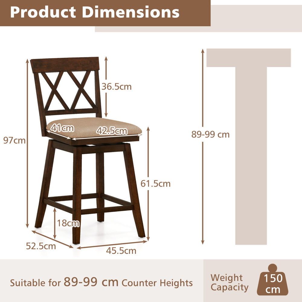 Counter height barstool dimensions with backrest and seat cushion, suitable for 89-99 cm counter heights.
