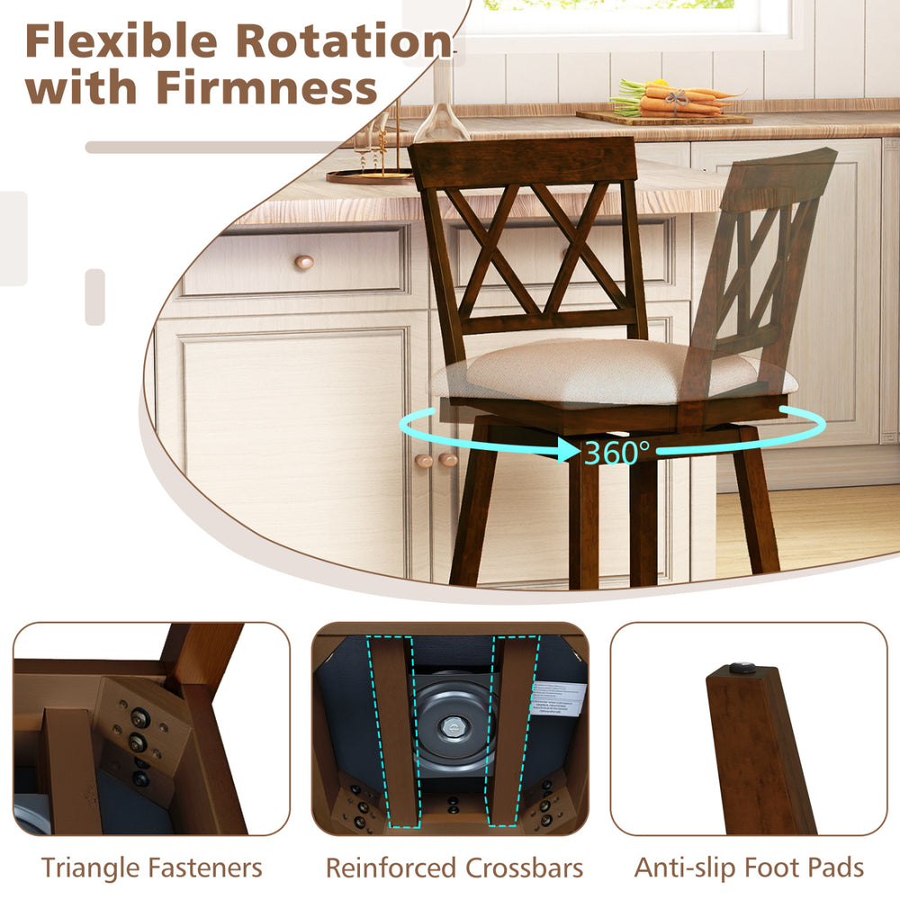 24-inch counter height barstool with backrest, 360° swivel, upholstered seat, and anti-slip foot pads for stability.