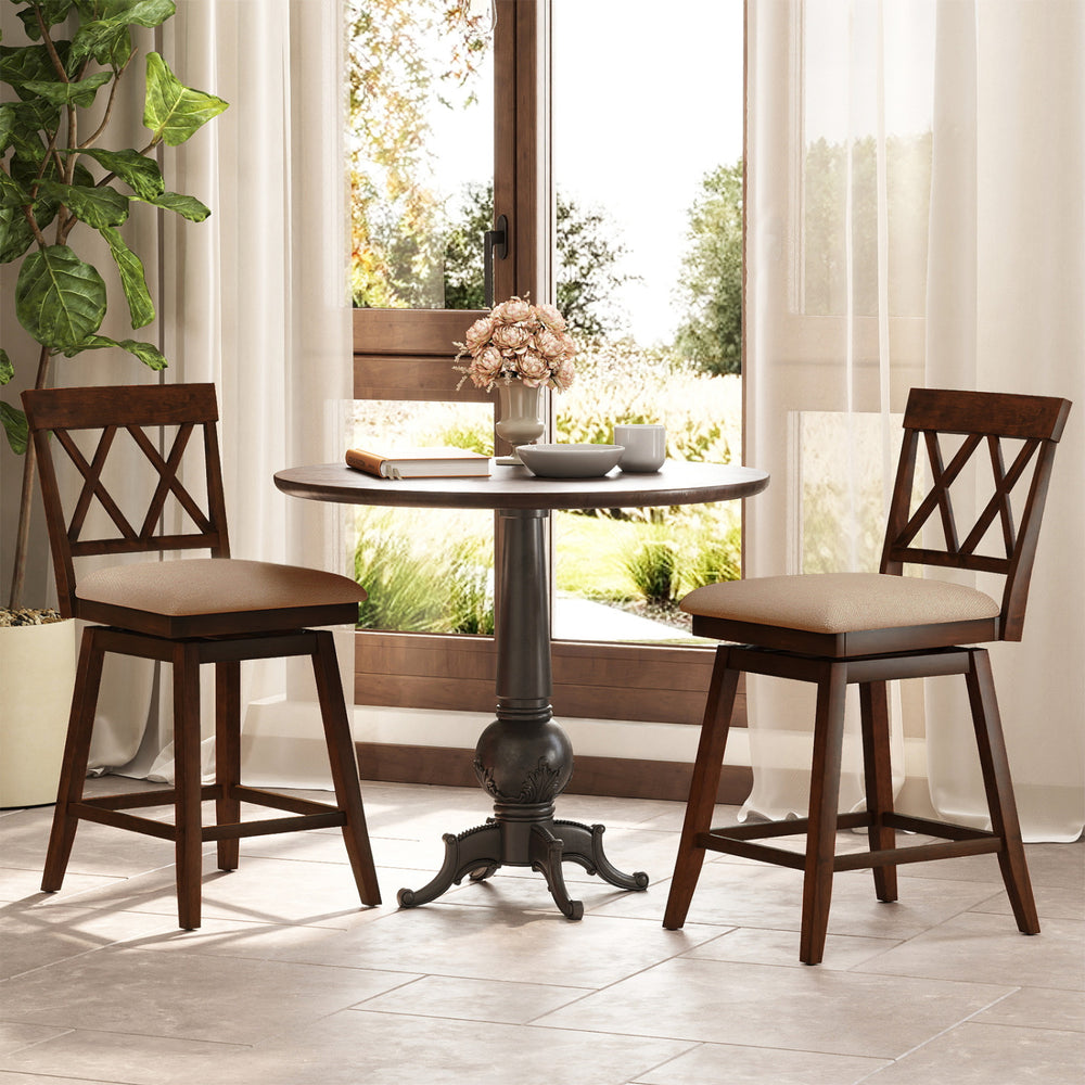 Set of two 24-inch counter height barstools with backrest and upholstered seat cushions, perfect for dining areas.