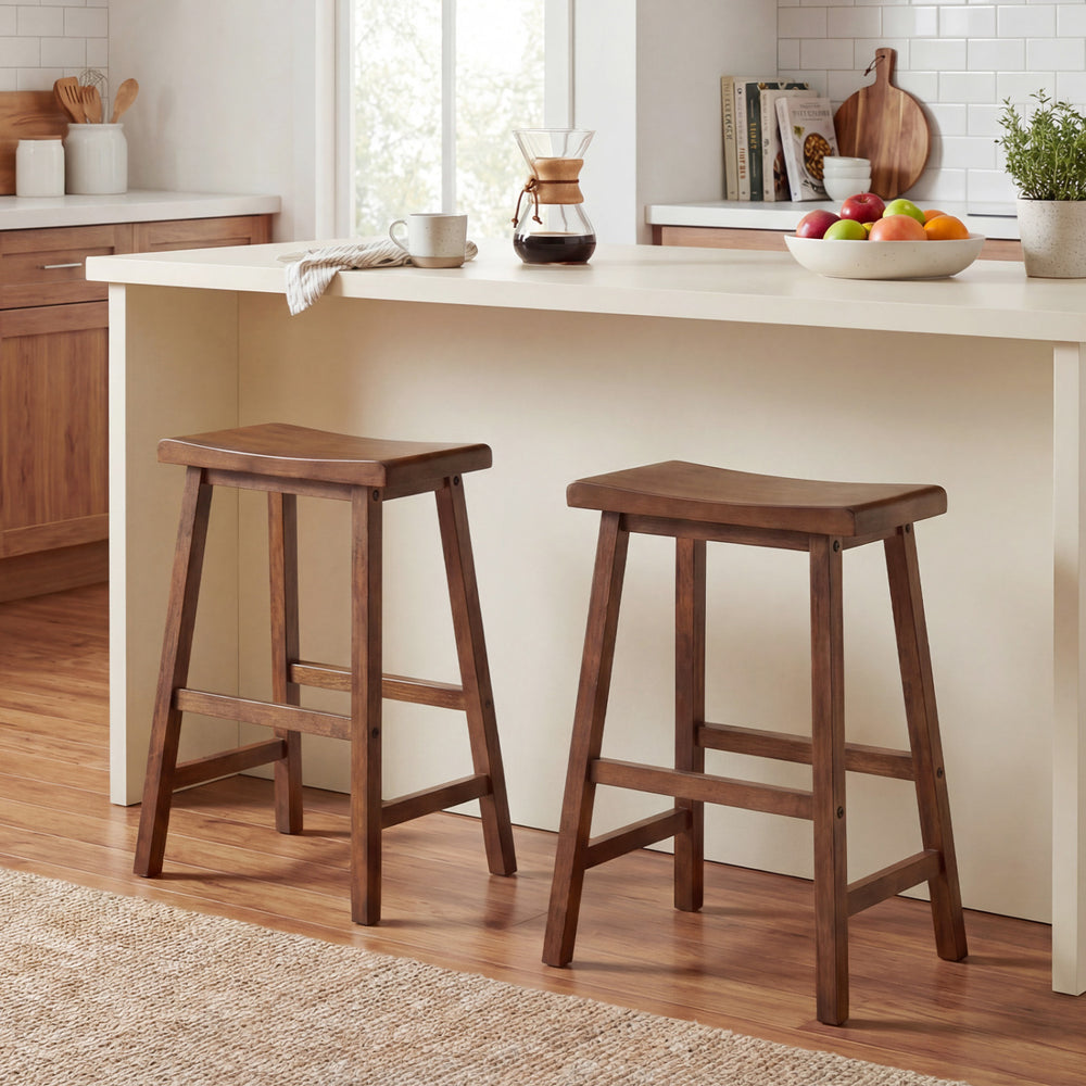 24 Inch Counter Height Stools Solid Wood Saddle Bar Stools Set of 2-Brown - Gallery View 1 of 9