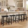 Set of four black 24-inch counter height stools with solid wood saddle seats, ideal for kitchen island seating.