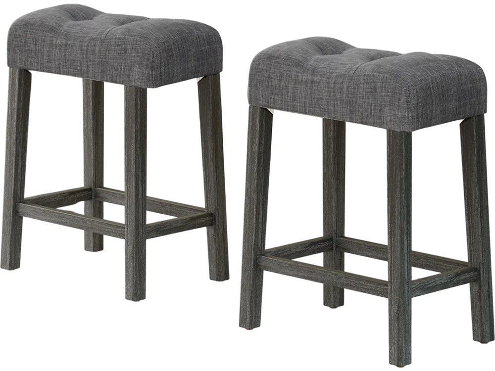 Set of 2 gray saddle bar stools with padded seats, button-tufted design, and solid rubber wood frame for kitchen.