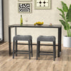 Set of 2 gray saddle bar stools with padded seats, featuring a solid rubber wood frame and space-saving design.