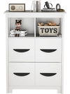 White 24-inch floor cabinet featuring 2 open compartments and 2 large drawers for organized storage in any living space.