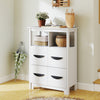 24-inch white floor cabinet with 2 open compartments and 2 drawers, perfect for organizing living spaces and decor.