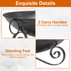 Close-up of the 24-inch heavy-duty metal fire pit bowl featuring carry handles and elegant standing feet for outdoor.