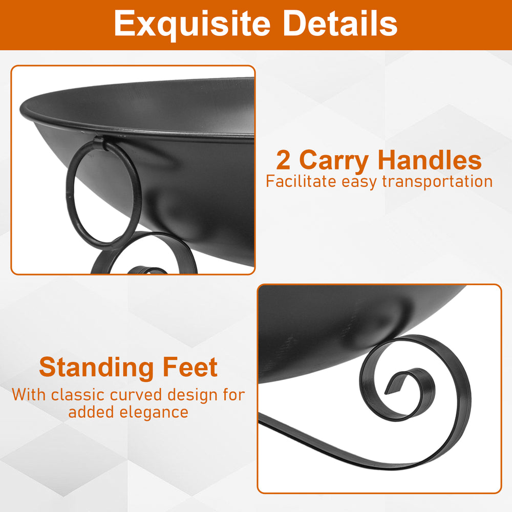 Close-up of the 24-inch heavy-duty metal fire pit bowl featuring carry handles and elegant standing feet for outdoor.