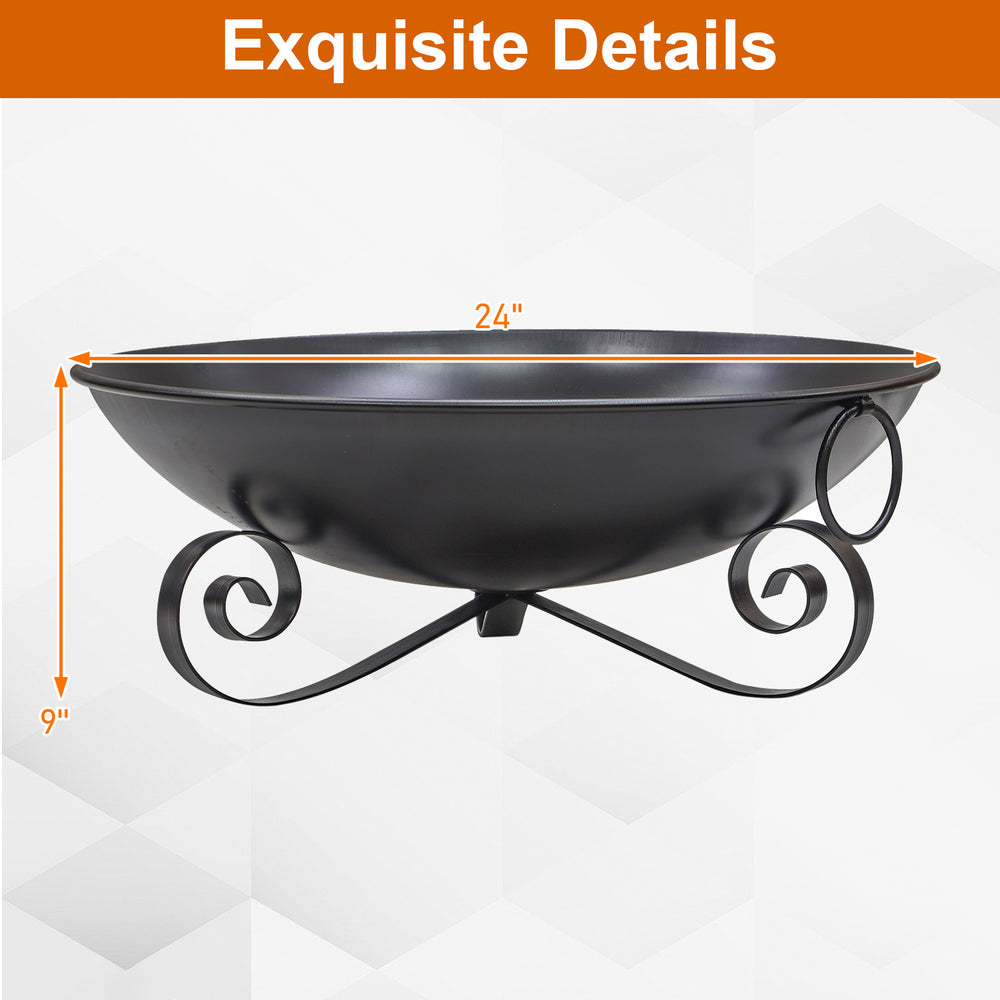 Heavy-duty 24-inch metal fire pit bowl with handles and unique legs, perfect for outdoor bonfires and gatherings.