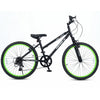 24-inch kids mountain bike in black with green accents, featuring 7-speed derailleur, adjustable seat, and suspension fork.