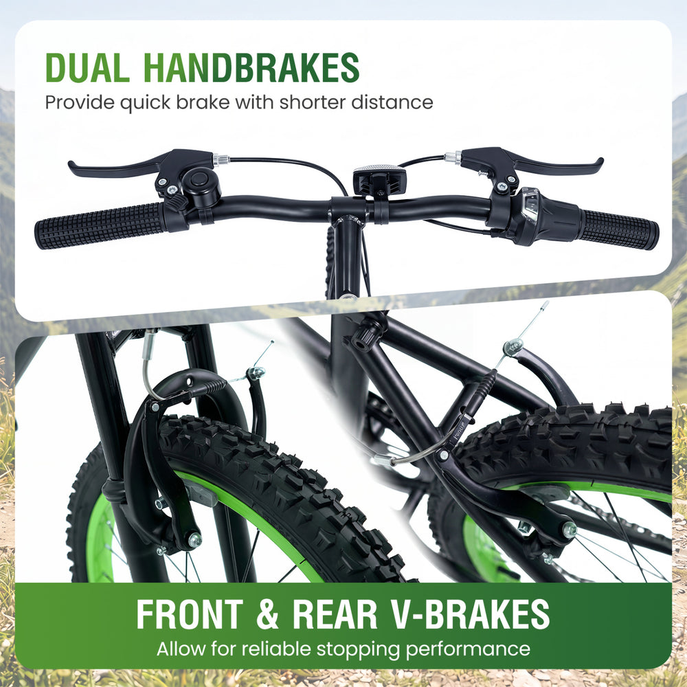 Dual handbrakes and front & rear V-brakes on the 24-inch kids mountain bike ensure reliable stopping performance.