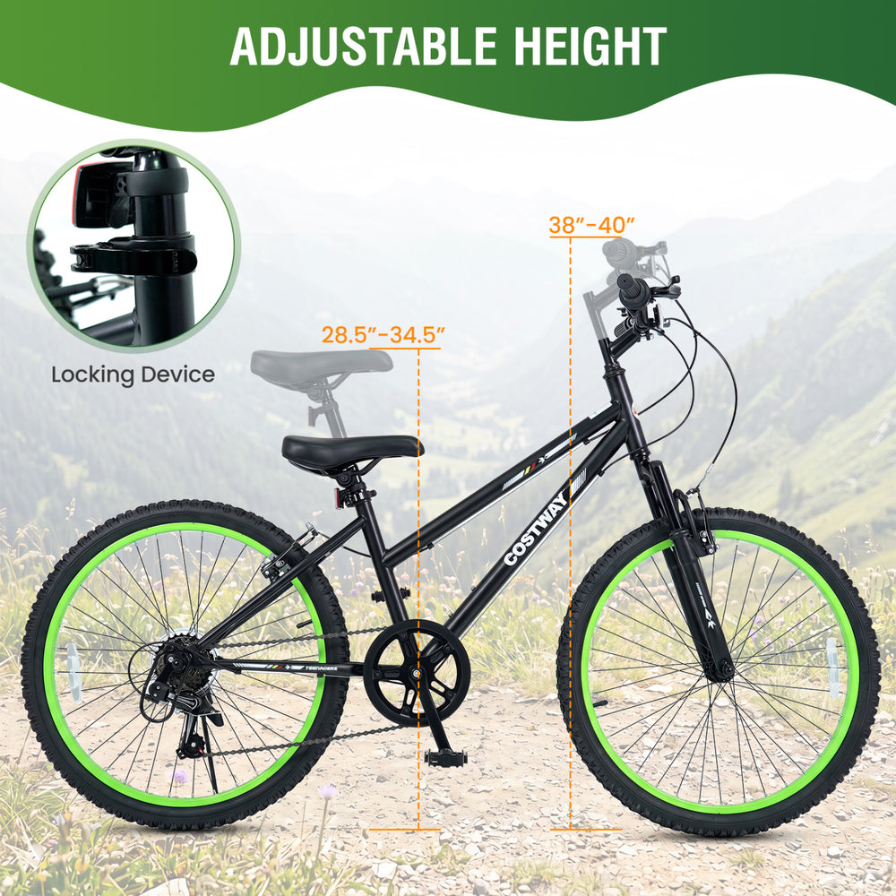 24-inch kids mountain bike in black with adjustable height, 7-speed derailleur, and shock-absorbing front fork for stability.