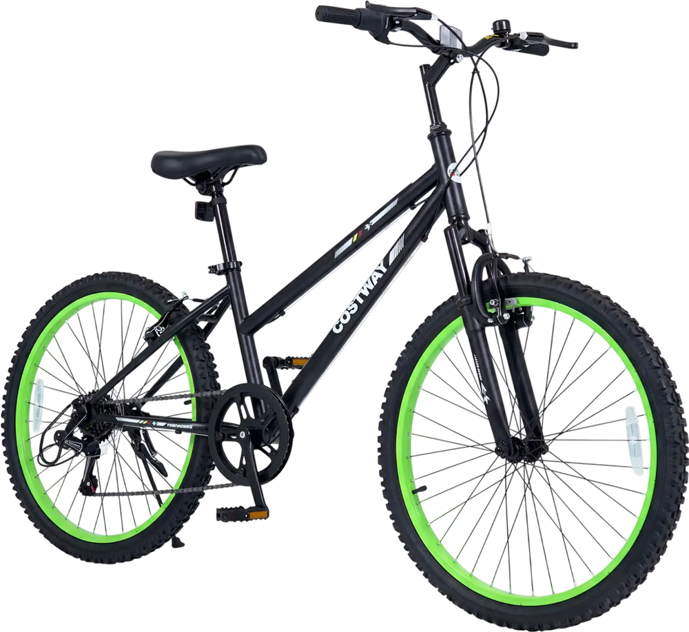 24-inch kids mountain bike in black with adjustable seat, 7-speed derailleur, and shock-absorbing front fork for smooth rides.