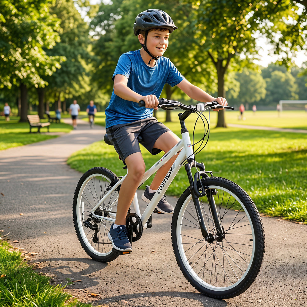24 Inch Kids Mountain Bike Adjustable with 7 Speed and Suspension Fork-White - Gallery View 1 of 10