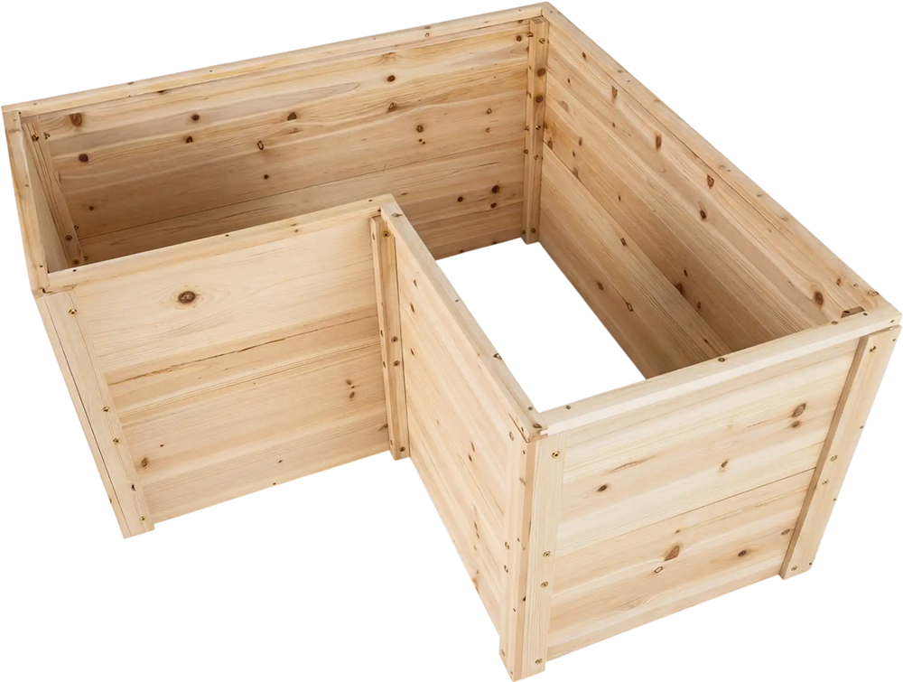 L-shaped wooden raised garden bed made of natural fir, 24-inch depth, ideal for various plants with open-ended base.